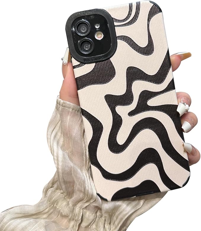 Designed for iPhone 12 Phone Case, Soft PU Leather TPU and Cute Art Wavy Painted for Women Girls, Slim Protective Shockproof Compatible with iPhone 12 (Beige)