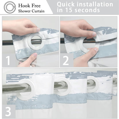 No Hook Shower Curtain and Liner Set, Grey and White Striped Hotel Shower Curtains for Bathroom, Minimalist Waterproof Bathroom Curtain Sets with Snap in Liner Mesh Top Window, 71x74 Inch