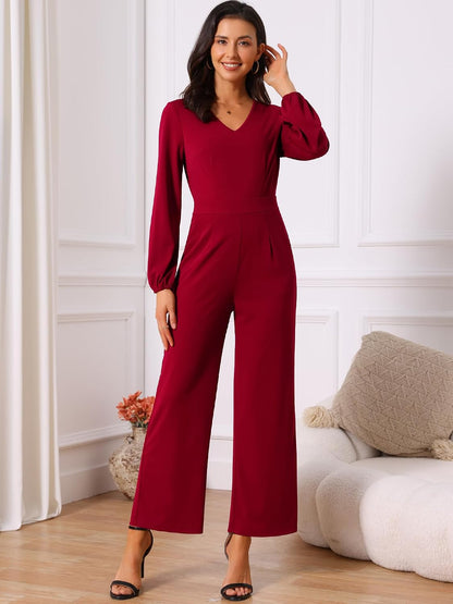 Seta T Women's V Neck Long Sleeve High Waist Wide Leg Casual Jumpsuits with Pockets.
