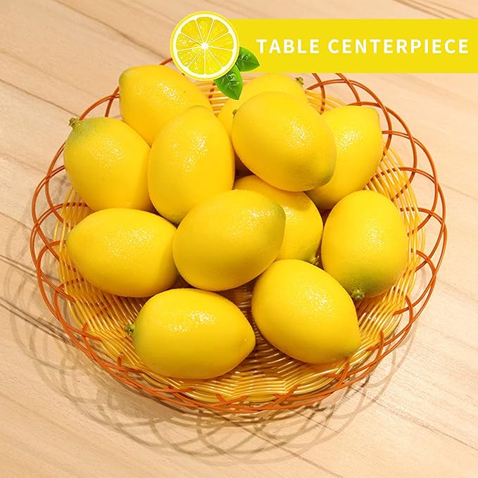 Fake Artificial Fruit Lemons Set of 12, Artificial Faux Fruits Big Size Vivid Faux Yellow Lemon Plastic Fake Yellow Lemon for Fake Fruit Bowl, Home Kitchen Table Cabinet Party Decor Photography Prop