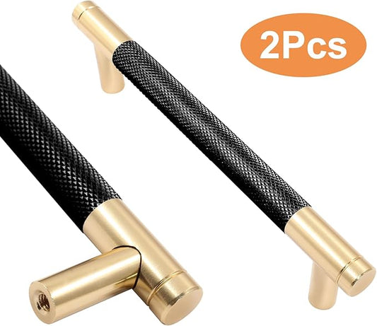 2 Pack 5"/128mm Knurled Cabinet Handles Dresser Cabinet Pulls Aluminum Alloy Drawer Cabinet Hardware for Dresser Drawers Cupboard, Gold & Black