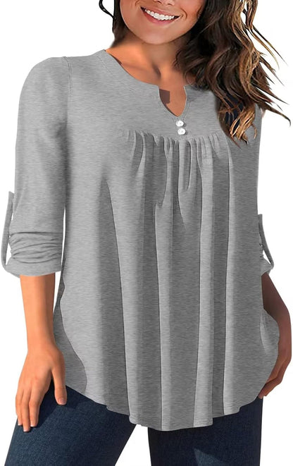 AMCLOS Womens Tops Plus Size V Neck T-Shirts Blouses Casual Flowy Pleated Floral Tunic Long Roll Tab Sleeves
