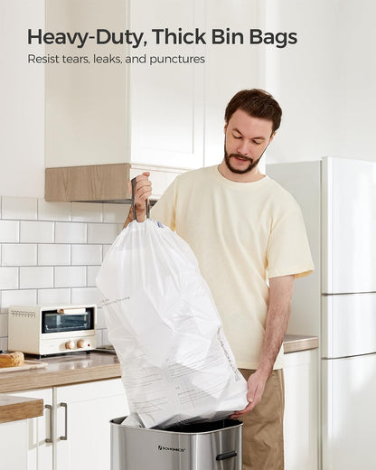 SONGMICS Trash Bags for 8-Gallon (30 L) Trash Cans, Drawstring Kitchen Garbage Bags, Pre-Separated, Liner Code 30A, 1 Roll, 45 Count, White UKRB30A