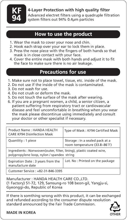 (10 Count) Good Manner KF94 Protective Face Safety Mask (White) Made in South Korea