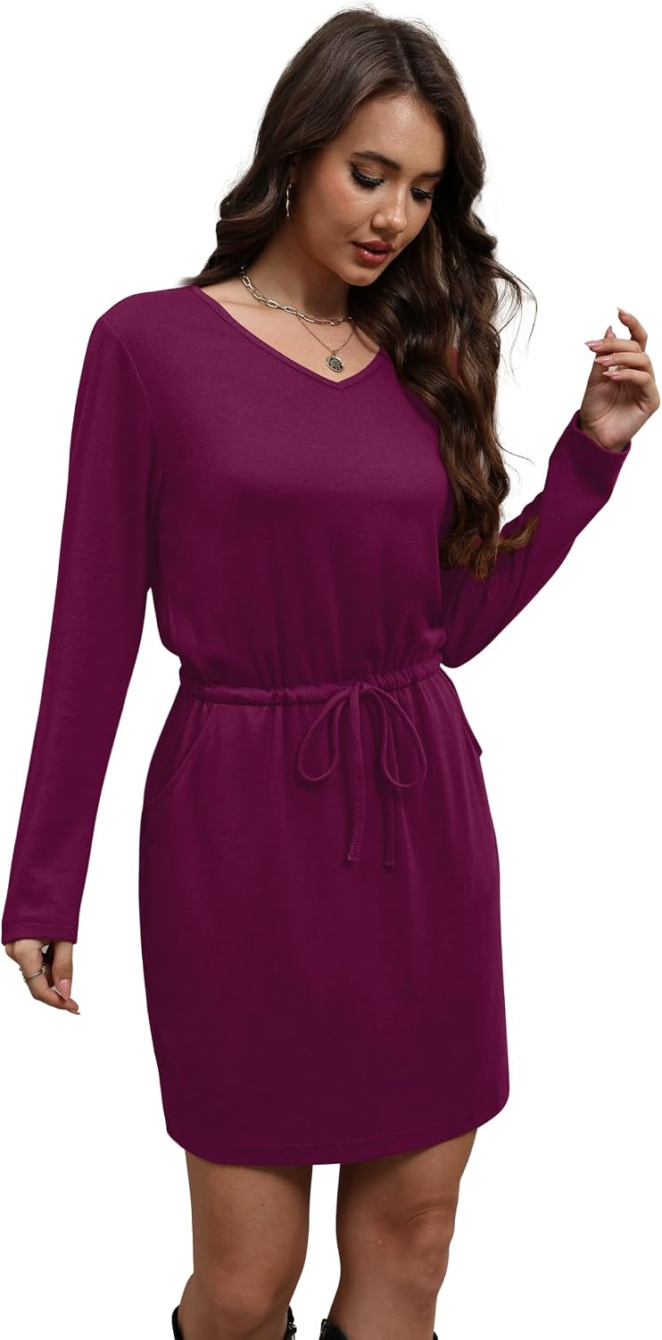 OFEEFAN Fall Dresses for Women 2025 Loose V Neck Long Sleeve T Shirts Casual Sundresses Tie Front A-Line Dresses