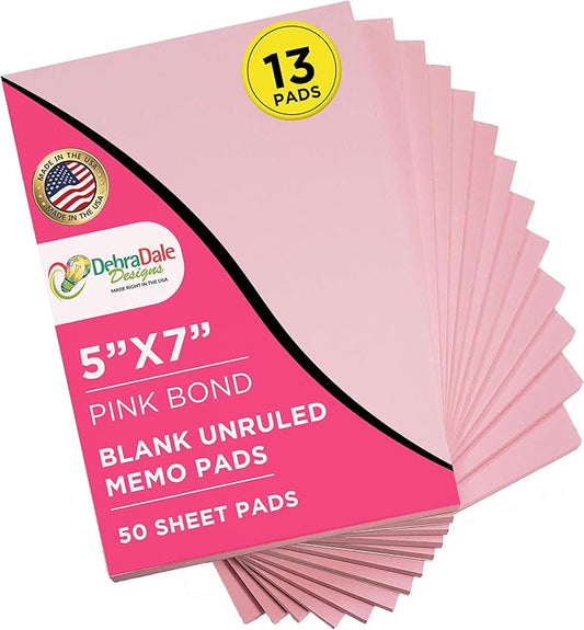 MADE IN USA – Debra Dale Designs Pink Note Pads 5"x7" – 7 Pads, 50 Sheets Each – 20lb Bond Memo Paper for Office Notes & Everyday Writing