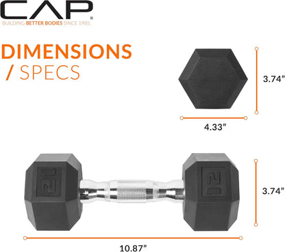 CAP Rubber Coated Dumbbell Weights, Free Weights for Home Gym Strength Training, Anti-Roll Hex Dumbbells with Black, Chrome & Comfort Grip Handles, Singles
