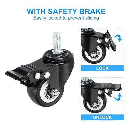 PATIKIL 2 Inch Stem Casters, 2 Pack PU Threaded Stem Caster Wheel with Brake 360 Degree Rotation M10 x 25mm for Rolling Cart Cart Wheels Furniture Replacement