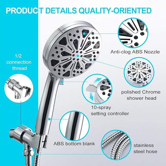 Shower Head With Handheld, High Pressure Shower Head With 10-Spray Modes, Detachable Shower Head Set Wtith Filters, Stainless Steel Hose  Shower Bracket,Easy to Install.Chrome.