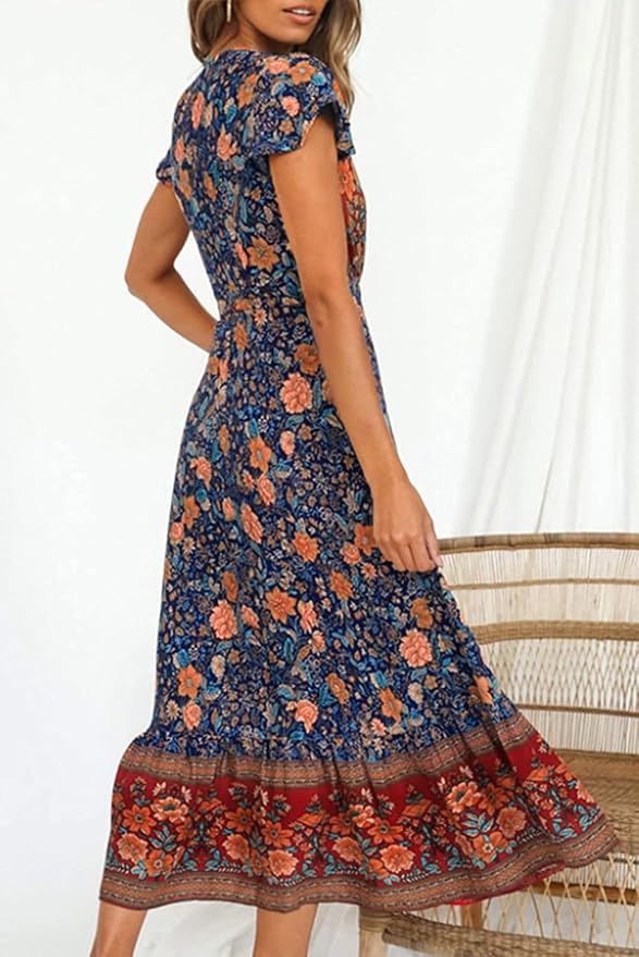 ZESICA Women's 2025 Bohemian Floral Printed Wrap V Neck Short Sleeve Split Beach Party Maxi Dress