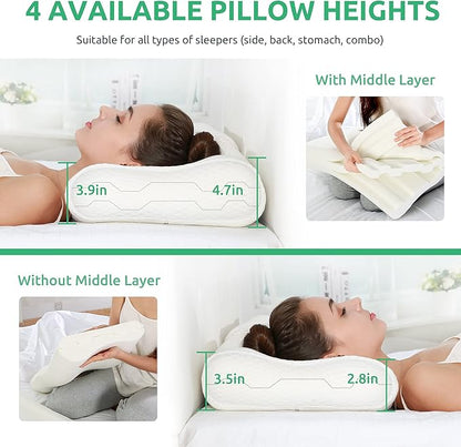 UTTU Cervical Pillow for Neck Strain Relief, Memory Foam Neck Pillow for Sleeping, Contour Cooling Pillow for Side Sleeper, Adjustable Orthopedic Sandwich Pillow, Queen(23.6"o14"o4.7"3.9")