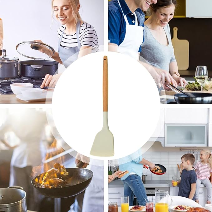 Silicone Cooking Utensils Set - Heat Resistant, Non-Stick, Non-Scratch Kitchen Tools, Slotted Turner, Utensils for Grilling, Space-Saving Design, Wooden Handle
