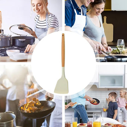 Silicone Cooking Utensils Set - Heat Resistant, Non-Stick, Non-Scratch Kitchen Tools, Slotted Turner, Utensils for Grilling, Space-Saving Design, Wooden Handle