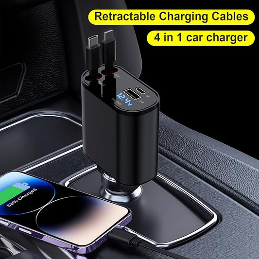 Retractable Car Charger, 4 in 1 Fast Car Charging 60W, Compatible for iPhone 16 Car Travel Essentials Charger, Women Men for Gifts USB C Car Honda Civic Accessories Adapter Compatible for iPhone 16 15