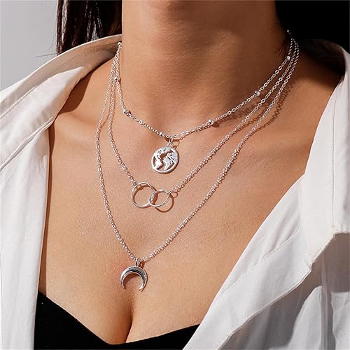 Bohemia Dainty Layered Necklace Trendy Moon Necklaces Map Pendant Jewelry Delicate Choker Chain Multi layer Crescent Disc Necklaces for Women