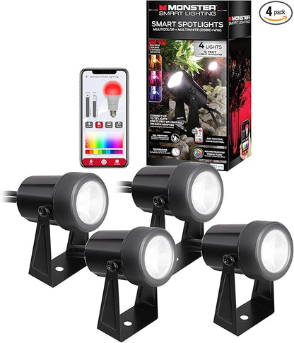 Monster Smart Outdoor RGBICWW Spotlights 4 Pack, Dimmable LEDs, Sound Reactive, IP44 Water  Weather Resistant, Compatible with Alexa, Siri, Google Home, App, Razer Chroma, Voice Controlled