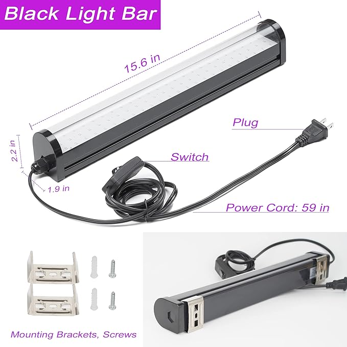 UV Black Light Bar, 25W Upgraded LED Blacklight Tube,395-405nm, Light Up 15x15ft Area, PlugSwitch5ft Power Cord, Black Lights for Glow Party, Posters, Room, Bedroom Decor, Halloween, Birthday