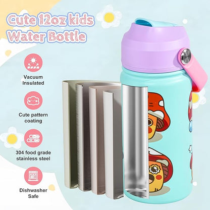 AGH 12oz Stainless Steel Kids Water Bottle with Straw,Double Wall Vacuum Tumbler for Traveling or School - White