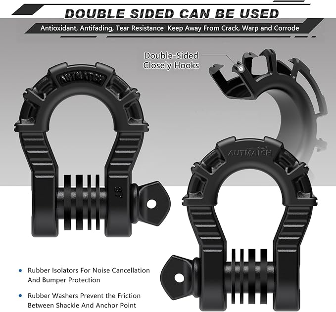 AUTMATCH D Ring Shackles 34" Mega Shackle (2 Pack) 68,000Ibs Break Strength - Clevis Shackle 78" Screw Pin, D Shackle IsolatorWasher Kit for Tow Strap Winch Off Road Vehicle Recovery, Frosted Black