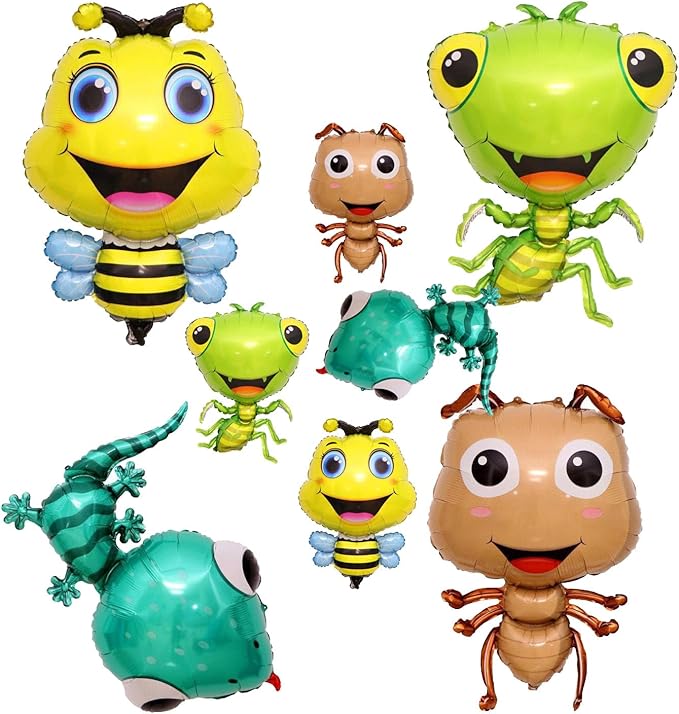 8PCS Insect Animal Balloons Set Bee Gecko Ant Mantis Foil Mylar Balloon for Girls Boys Garden Insect Animals Themed Birthday Party Supplies Decorations