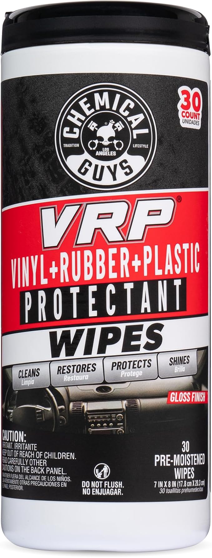Chemical Guys, VRP Vinyl, Rubber & Plastic Shine Canister Wipes, 30 Count Pre-moistened wipes dress and protect vinyl, rubber and plastic on trim, dashboards and tires, thirty per pack
