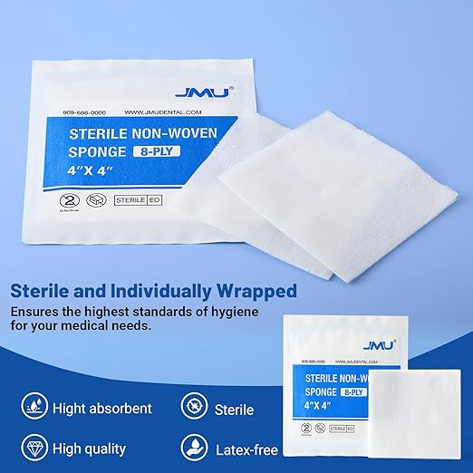 JMU Sterile Gauze Pads 4x4 Non Woven, 100 Pack 8-Ply Non Woven Gauze Sponges 4x4, Individually Wrapped Sterile Medical Gauze Pads for Wound Care, First Aid  Surgical Supplies