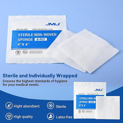 JMU Sterile Gauze Pads 4x4 Non Woven, 100 Pack 8-Ply Non Woven Gauze Sponges 4x4, Individually Wrapped Sterile Medical Gauze Pads for Wound Care, First Aid  Surgical Supplies