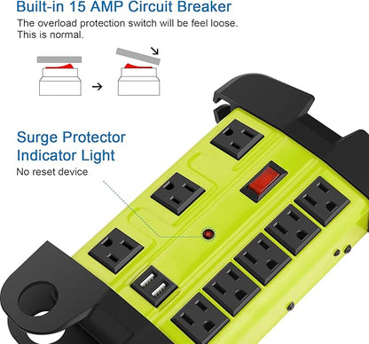 Heavy Duty Power Strip with USB, Workshop 8 Outlet Surge Protector 2700 Joules, Green Industrial Metal 15Amp Power Strip, 6 FT Extension Cord and Wide Spaced.