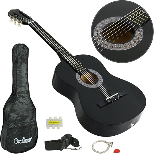 ZENY 38" New Beginners Acoustic Guitar With Guitar Case, Strap, Tuner and Pick (Black)