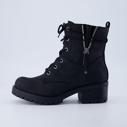 Dunes Women's Kobe Heeled Combat Boots  Lace-Up with Side Zipper, Memory Foam Insoles, Faux Fur Lining, Vegan Nubuck Leather, Wide Widths Available