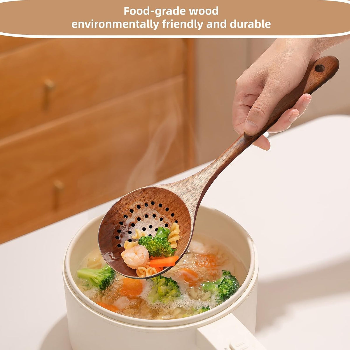 Wooden Strainer Spoon,Wooden Slotted Spoon for Cooking Wood Ladle with Holes Long Handle Skimmer Spoon for Straining Draining Egg Meat Noodles,11Inch