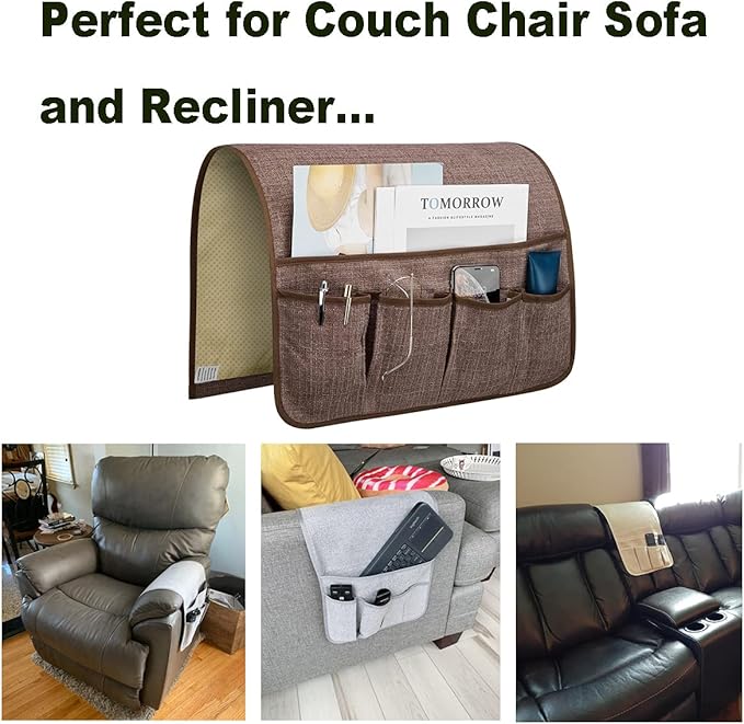 Non-Slip Remote Control Holder, Armrest Organizer for Recliner Couch Sofa Chair, Armchair Caddy with 5 Pockets for Smart Phone, Book, Magazines, Ipad