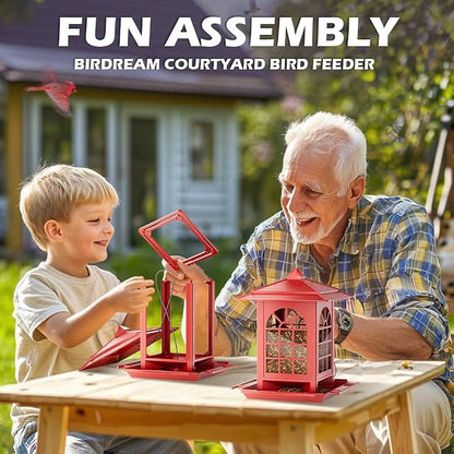Birdream Bird Feeders for Outdoor Hanging, Assembly Required, 1-Min Easy Setup, Classic Courtyard Design, Attracting Cardinals Chickadees Goldfinches & Sparrows - Red