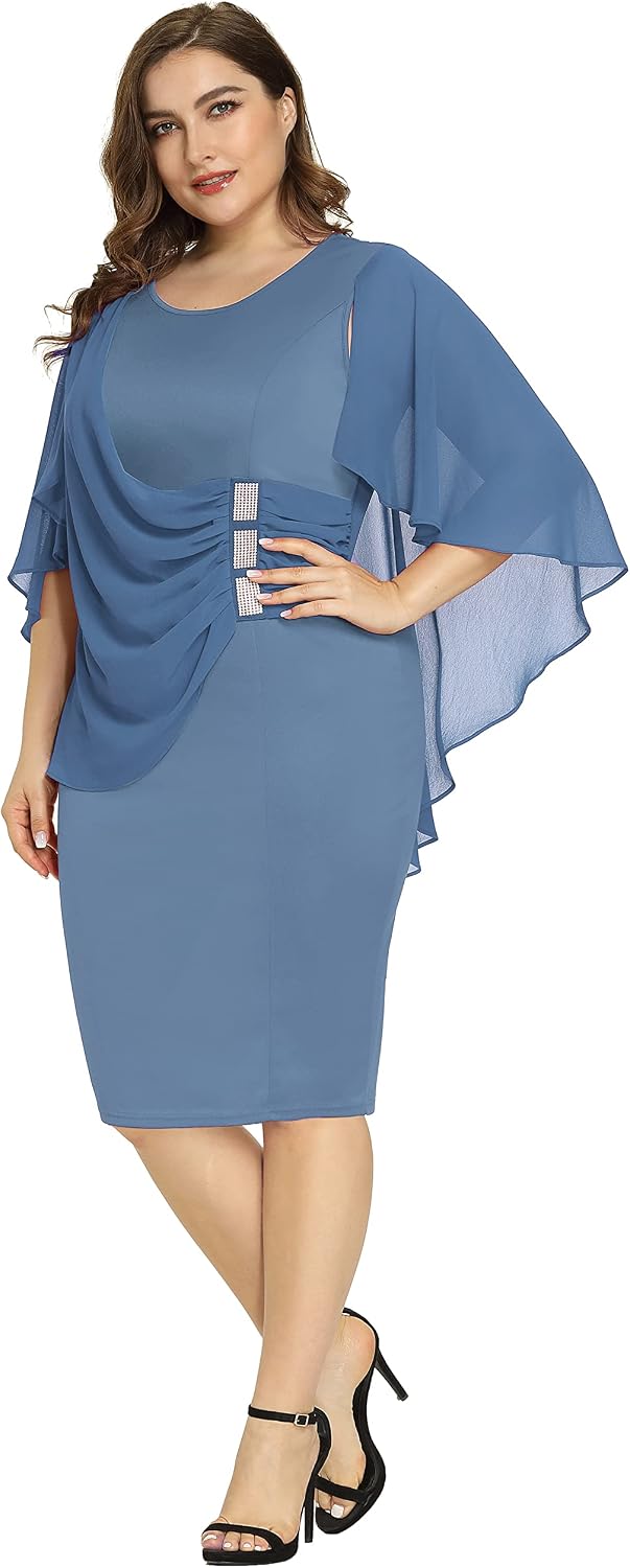 Size 22W In Red Wine Color, Hanna Nikole Women's Plus Size Chiffon Ruffle Flattering Cape Sleeve Bodycon Pencil Dress