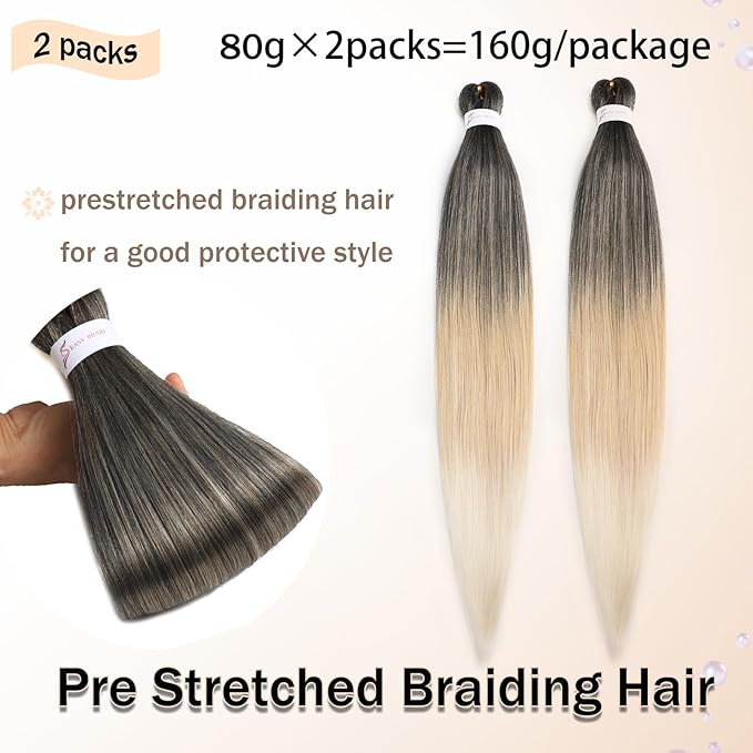 Braiding Hair 26 Inch Pre Stretched Braiding Hair Ombre Braiding Hair Soft Three Tone Yaki Texture Hot Water Setting Synthetic Braiding Hair (26inch 2Packs 1B27613)