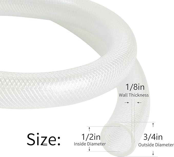 1/2’’ ID × 3/4’’ OD - 25 ft Clear Braided Hose Plastic Vinyl Tubing,High Pressure Flexible Reinforced PVC Tube for Transfer Water Air Oil, BPA Free & Non-Toxic