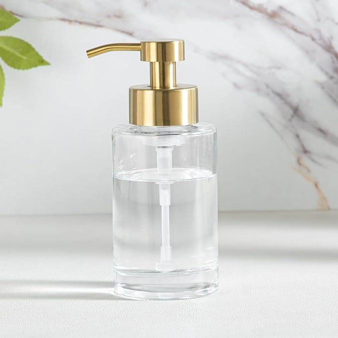 Enra Foam Soap Dispenser, 12oz Thick Glass Bathroom Soap Dispenser with Stainless Steel Gold Pump, Kitchen (ClearGold Foam Type)