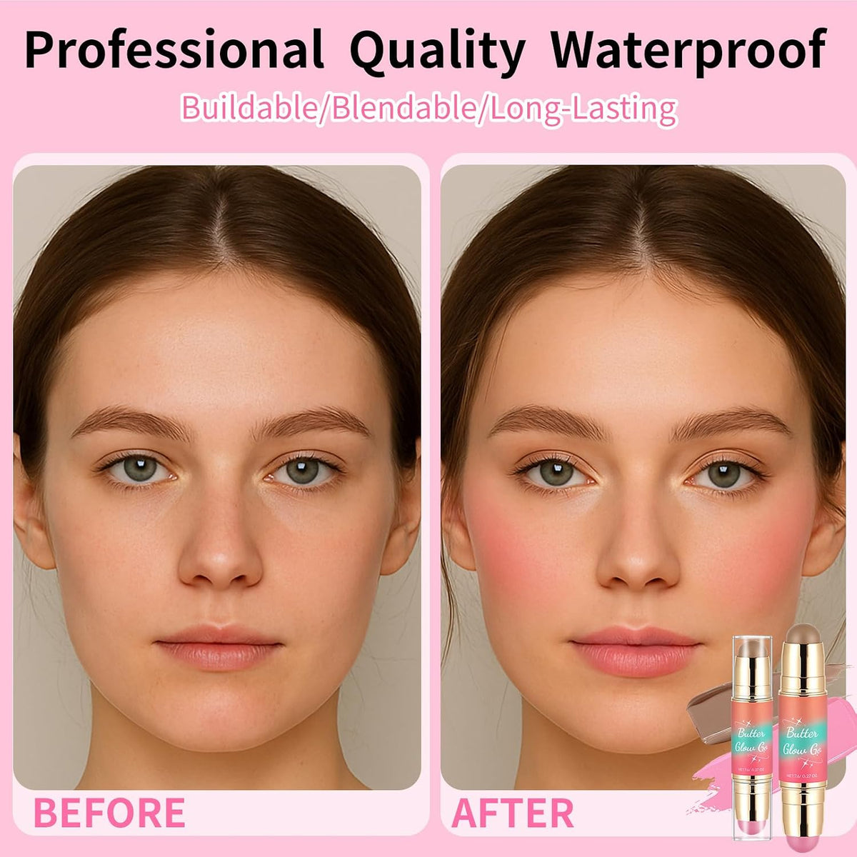 Dual-Ended Blush and Bronzer Stick – 2-in-1 Creamy Face Cheeks Contour Makeup, Smooth Hydrating Formula, Buildable Color for Natural Radiant Glow Beauty For Women (Beachy Pink)