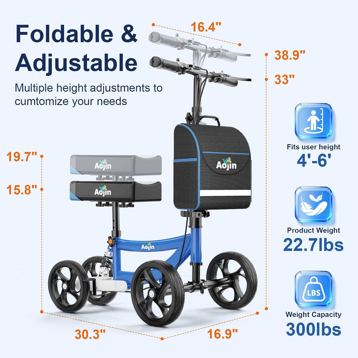 Knee Scooter for Adults for FootInjuries, 300lbs Capacity, All Terrain Foldable Knee Scooter Walker with Bag, 13" Wide Pu Seat, Compact Crutches Alternative (Blue)