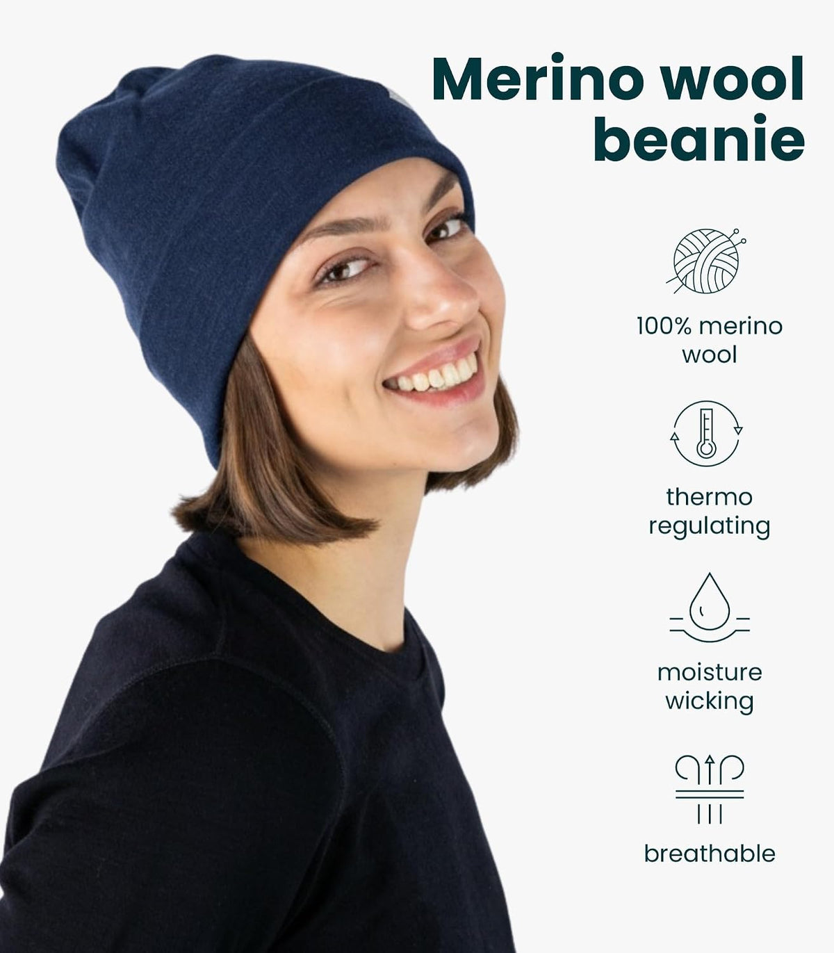 Merino Wool Beanie (color does not match, Medium Blue) for Women & Men - 100% Merino Skull Cap 17.5um - All Season Unisex Adult Hat & Socks for Running, Hiking