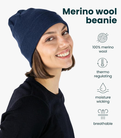 Merino Wool Beanie (color does not match, Medium Blue) for Women & Men - 100% Merino Skull Cap 17.5um - All Season Unisex Adult Hat & Socks for Running, Hiking