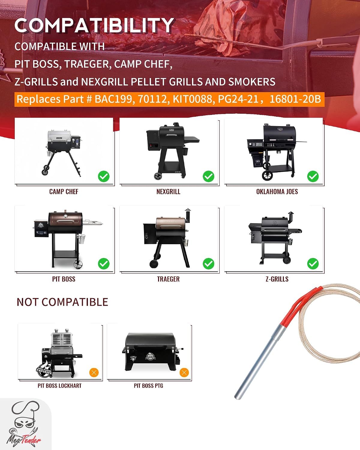 AC Hot Rod/Grill Igniter Replacement for Traeger, Pit Boss, Camp Chef, Z-Grills and Nexgrill Wood Pellet Grill Models