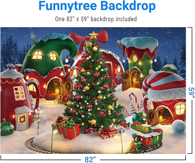 Funnytree 7x5FT Cartoon Christmas Village Photography Backdrop Winter Snow Pine Tree Background Xmas Fairy Tale Animated Kid Party Photo Booth Banner Supplies