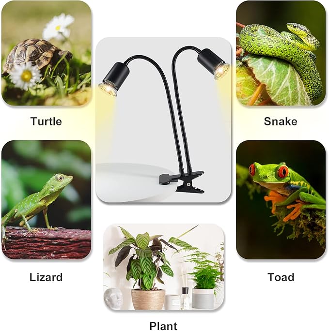 Reptile Heat Lamp, Double-Head Heat Lamp with Clamp, UVA UVB Reptile Light with Intelligent Cycle Timer for Turtle, Bearded Dragon, Lizard and More, 2 Bulbs 25W50W