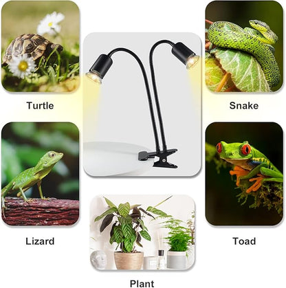 Reptile Heat Lamp, Double-Head Heat Lamp with Clamp, UVA UVB Reptile Light with Intelligent Cycle Timer for Turtle, Bearded Dragon, Lizard and More, 2 Bulbs 25W50W