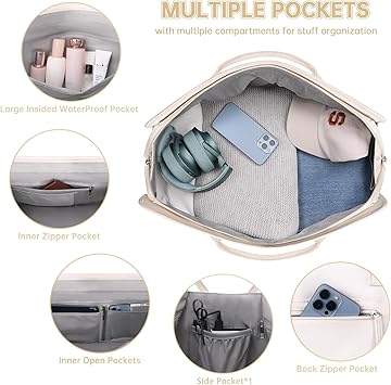 ETRONIK Weekender Overnight Bags for Women, Large Travel Duffle Bags with Shoe Compartment  Wet Pocket, Carry On Tote Bag Gym Duffel Bag with Toiletry Bags for Hospital 3 Pcs Set, Large Size, Beige