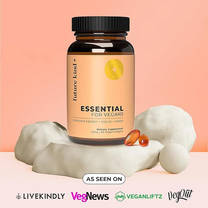Future Kind Vegan Multivitamins - Glass Bottle  Made for Vegans with Omega 3 DHA, EPA, Vitamin B12  D3 for Energy, Focus,  Mood (60 Softgels)