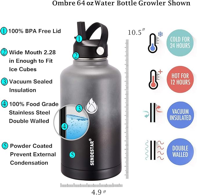 SENDESTAR Water Bottle 64oz Double Wall Vacuum Insulated Leak Proof Stainless Steel Sports Water BottleWide Mouth with New Flex Straw Lid  Spout Lid (GrayBlack)
