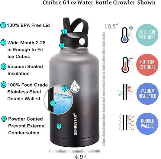 SENDESTAR Water Bottle 64oz Double Wall Vacuum Insulated Leak Proof Stainless Steel Sports Water BottleWide Mouth with New Flex Straw Lid  Spout Lid (GrayBlack)