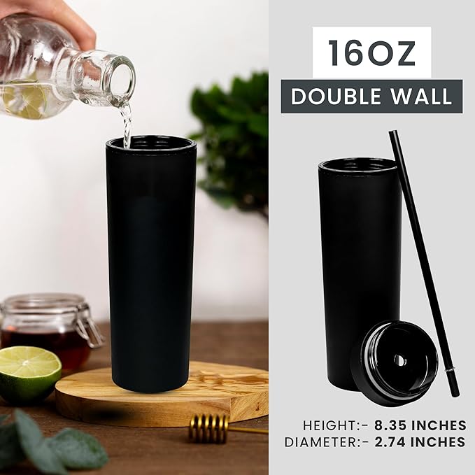 SKINNY TUMBLERS 4 Pack - Matte Pastel Colored Acrylic Tumbler with Lid and Straw- Perfect for Home, Parties, Travel 16oz Double Wall Reusable Plastic Tumbler w Straw Cleaner INCLUDED,BLACK